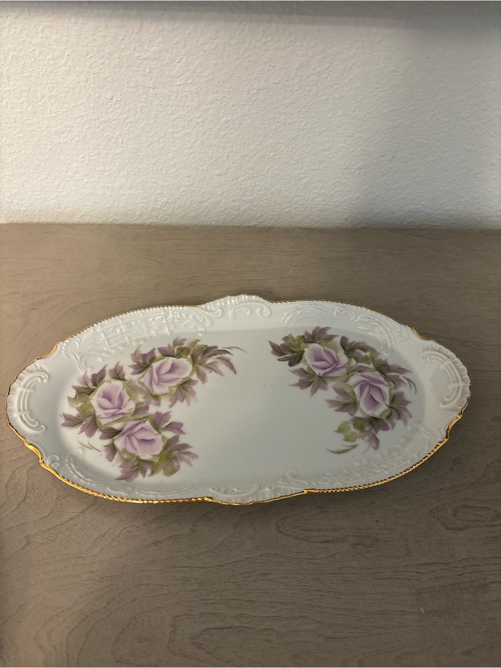 Vintage Oblong Hand Painted M Brinks Fine Porcelain Purple Roses Serving Tray